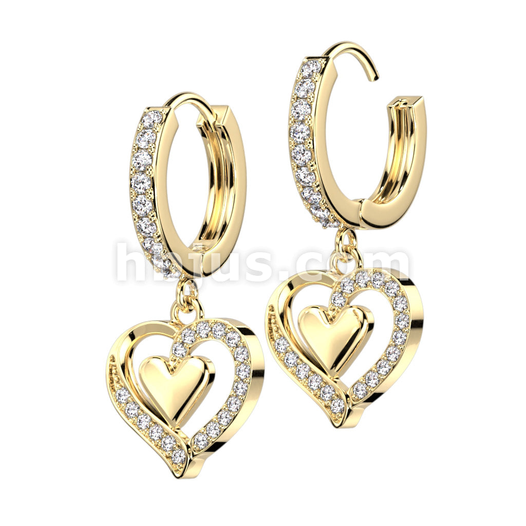 316L Surgical Steel Pair of CZ Paved Front With CZ Paved Heart Dangle... - Image 2
