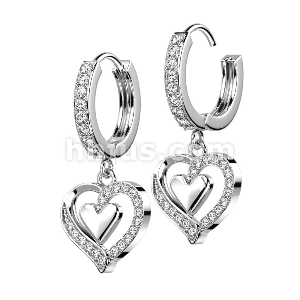 316L Surgical Steel Pair of CZ Paved Front With CZ Paved Heart Dangle... - Image 3