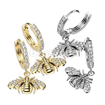 316L Surgical Steel Pair of CZ Paved Front With CZ Paved Bee Dangle...