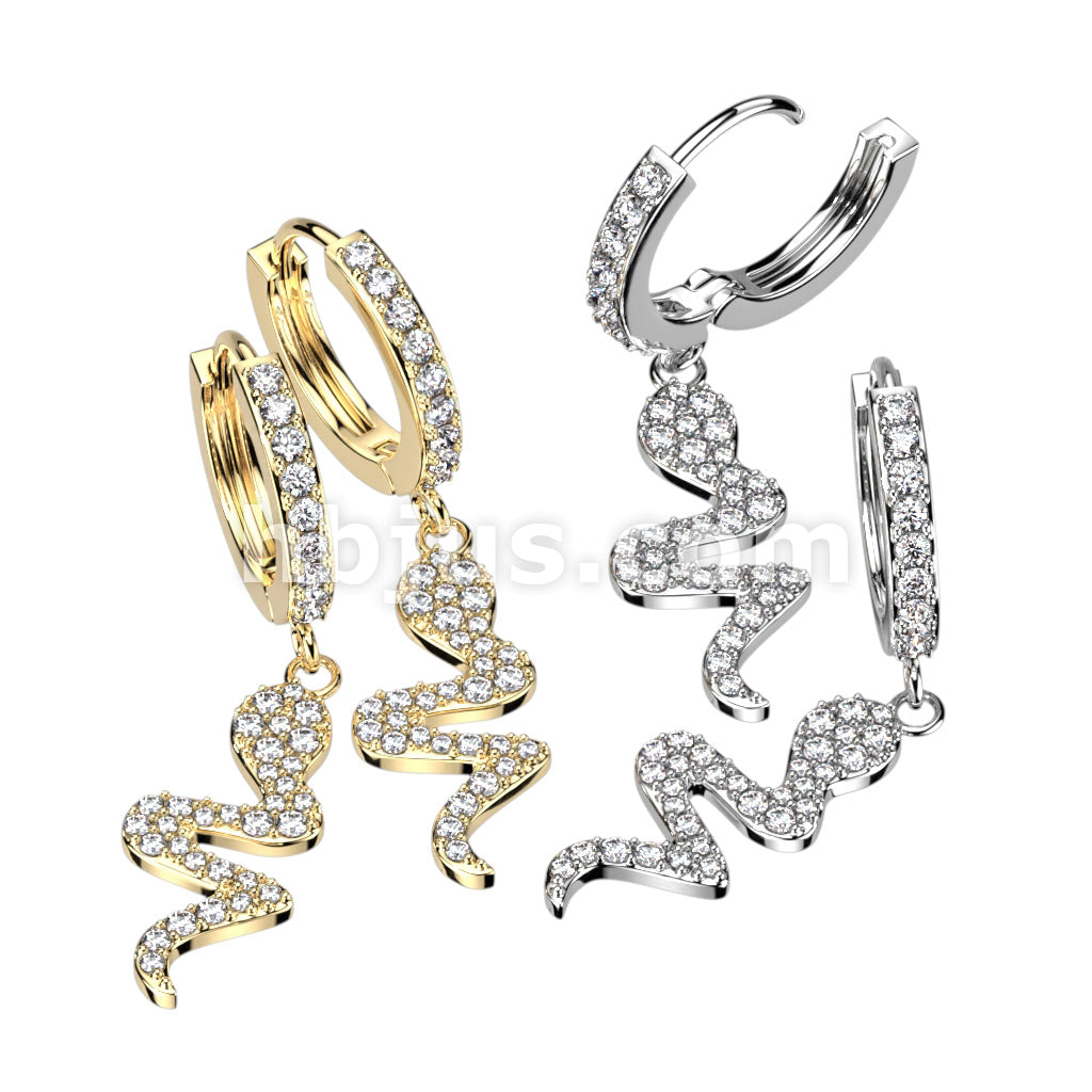 316L Surgical Steel Pair of CZ Paved Front With CZ Paved Snake Dangle...