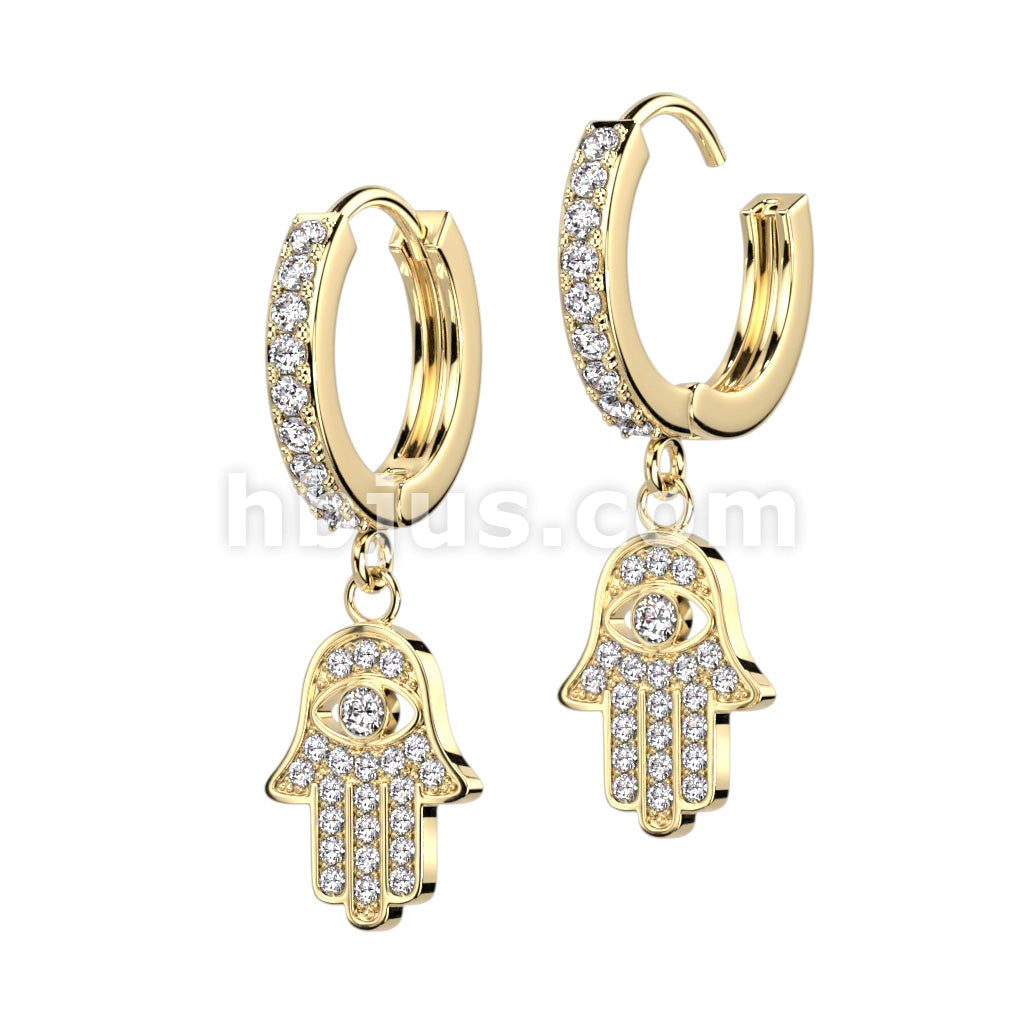 316L Surgical Steel Pair of CZ Paved Front With CZ Paved Hamsa Dangle... - Image 2