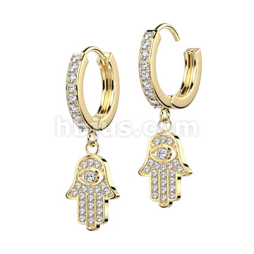 316L Surgical Steel Pair of CZ Paved Front With CZ Paved Hamsa Dangle... - Image 2