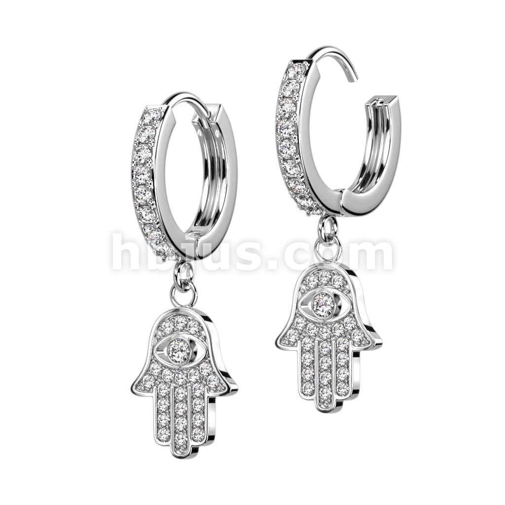316L Surgical Steel Pair of CZ Paved Front With CZ Paved Hamsa Dangle... - Image 3