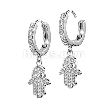 316L Surgical Steel Pair of CZ Paved Front With CZ Paved Hamsa Dangle... - Image 3