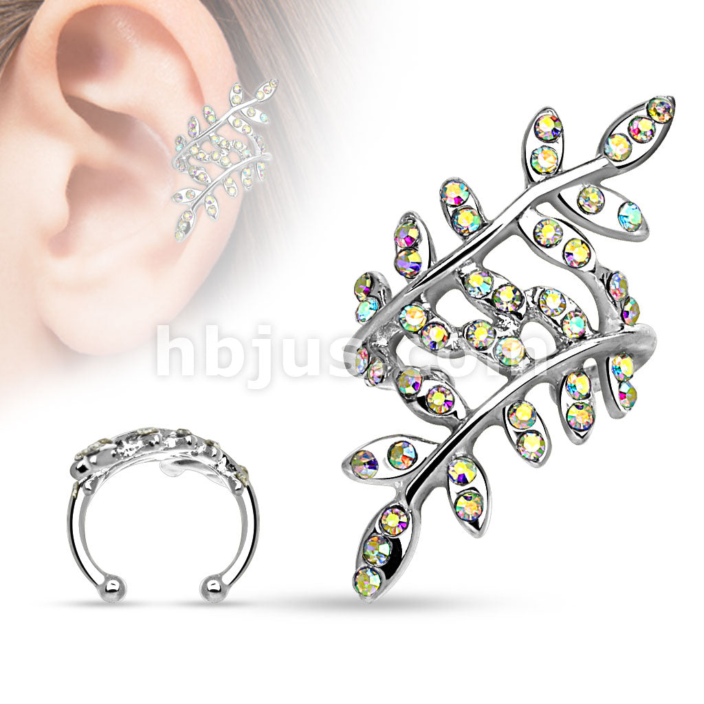 Multi Paved Gem Leaflet Rhodium Plated Brass Non Piercing Ear Cuff - Image 2