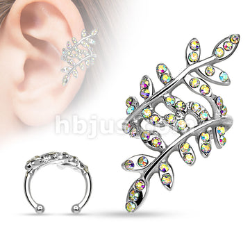 Multi Paved Gem Leaflet Rhodium Plated Brass Non Piercing Ear Cuff - Image 2