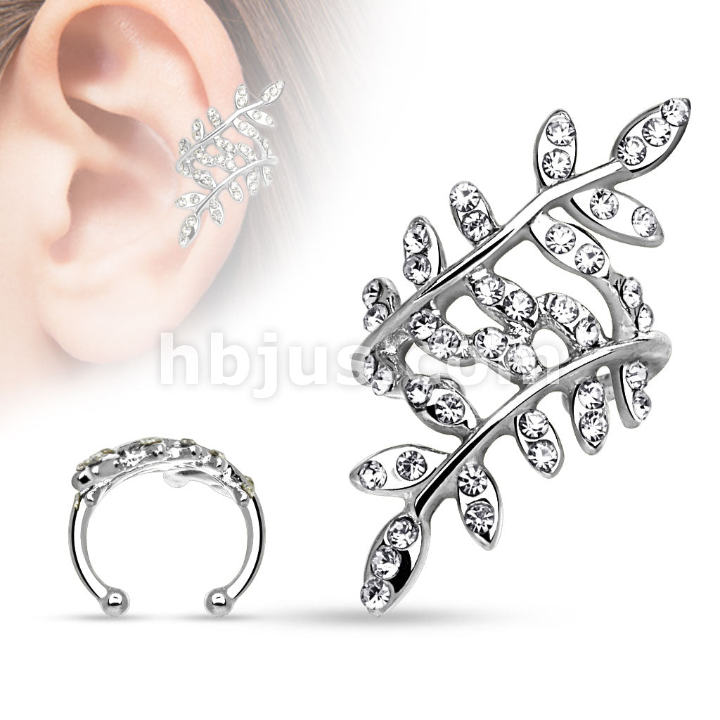 Multi Paved Gem Leaflet Rhodium Plated Brass Non Piercing Ear Cuff - Image 3