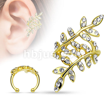 Multi Paved Gem Leaflet Rhodium Plated Brass Non Piercing Ear Cuff - Image 4