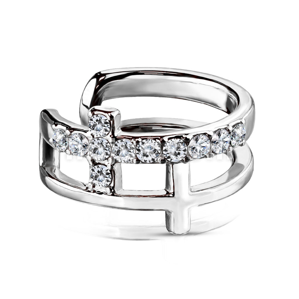 Brass Double Cross CZ Paved Non-Piercing Ear Cuff - Image 2