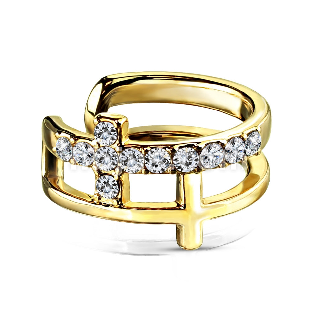 Brass Double Cross CZ Paved Non-Piercing Ear Cuff - Image 3