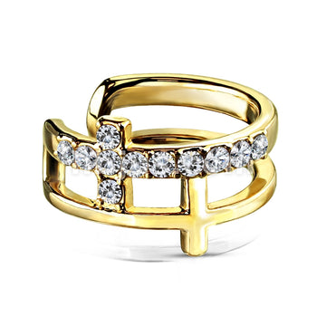 Brass Double Cross CZ Paved Non-Piercing Ear Cuff - Image 3