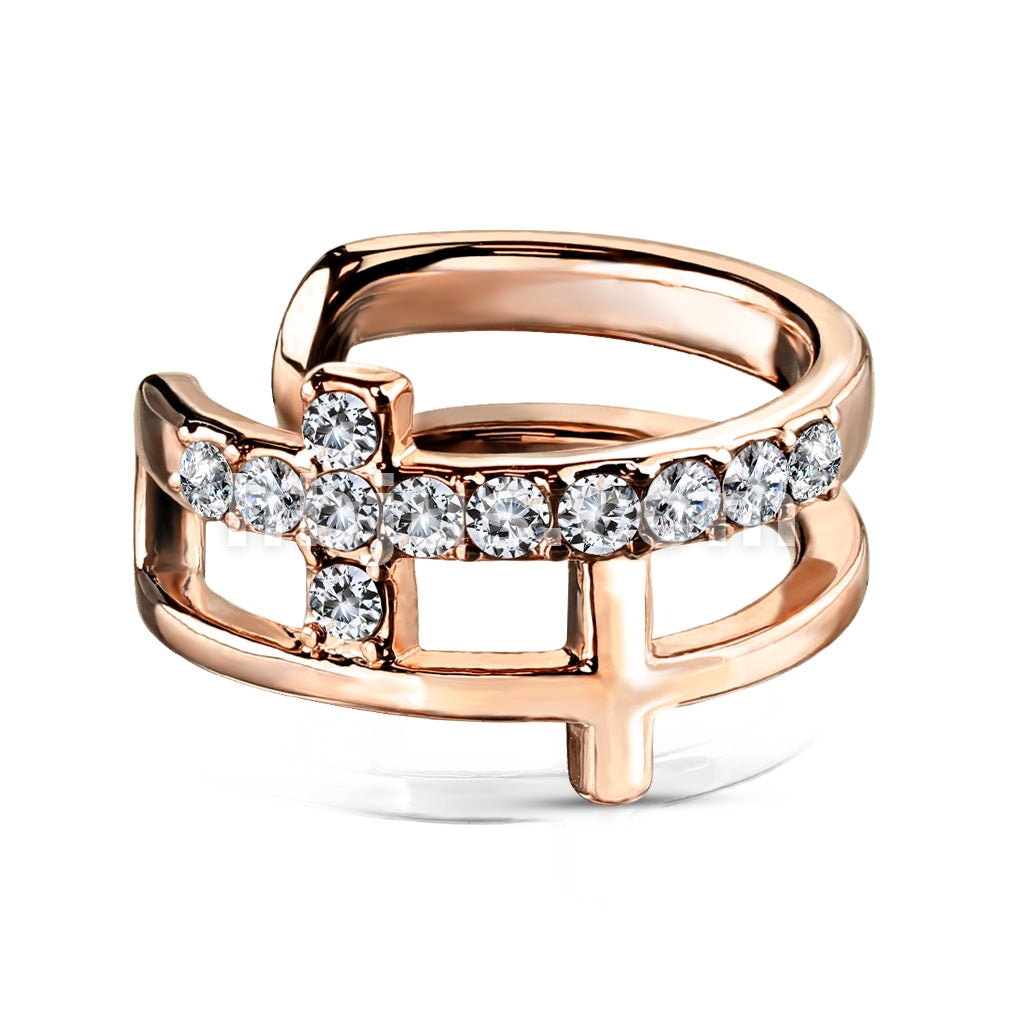 Brass Double Cross CZ Paved Non-Piercing Ear Cuff - Image 4