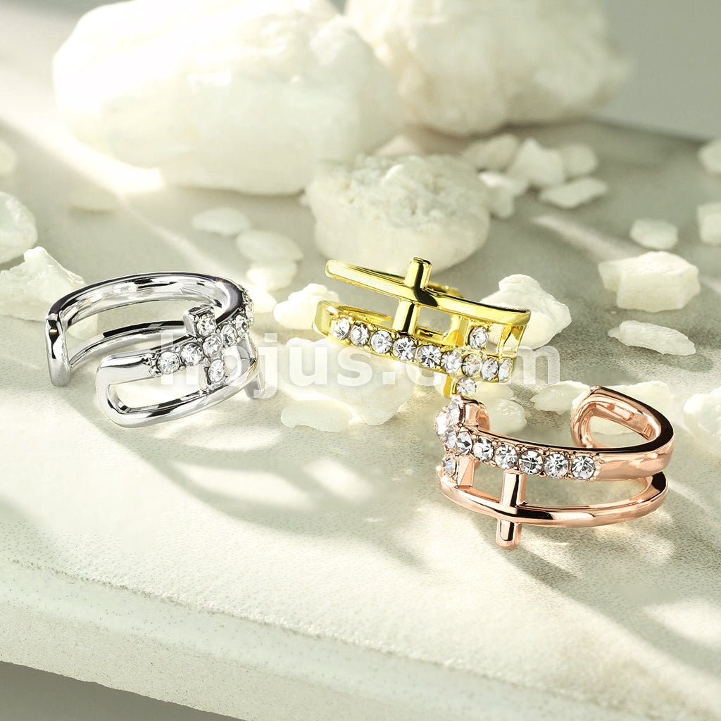 Brass Double Cross CZ Paved Non-Piercing Ear Cuff - Image 8
