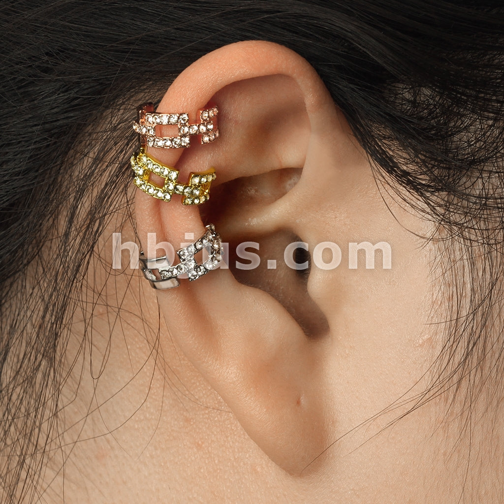 Brass Square Links Paved CZ Non-Piercing Ear Cuff - Image 7