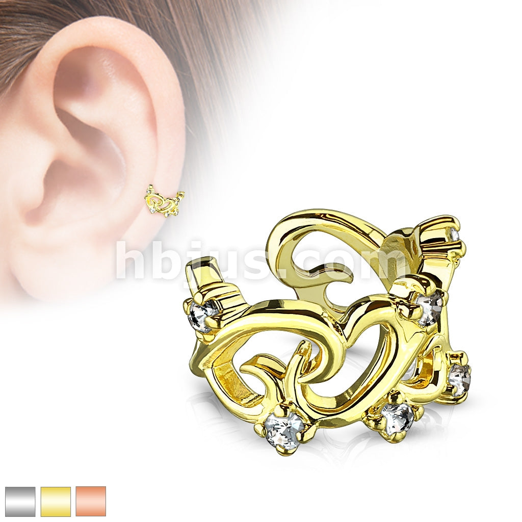 Brass Filigree Linked Hearts With CZ Accents Non-Piercing Ear Cuff