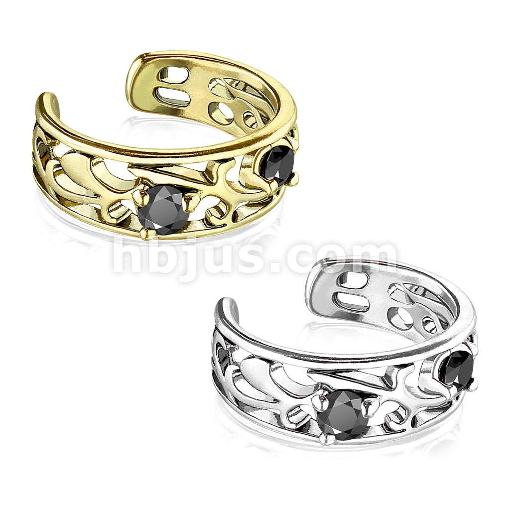 Brass Filigree Branch Cut Out With Prong Set Black CZ Non-Piercing Ear Cuff - Image 5