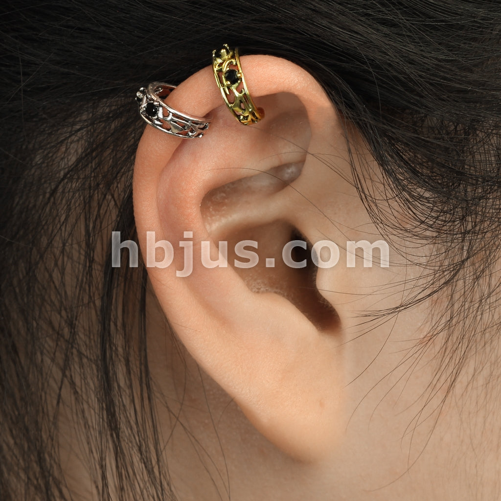 Brass Filigree Branch Cut Out With Prong Set Black CZ Non-Piercing Ear Cuff - Image 6