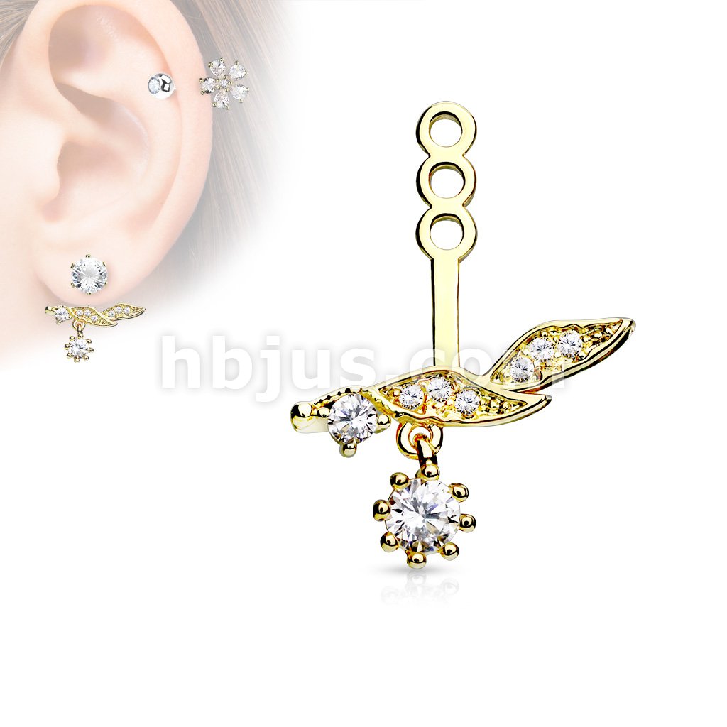 Micro Pave CZ Leaf With Round CZ Dangle Earring Jacket / Cartilage Stud Add on Dangle - Image 3