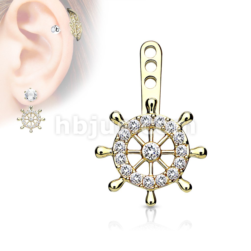 Ship Wheel Pave CZ Helm Earring Jacket / Cartilage Stud Add on Dangle - Image 2