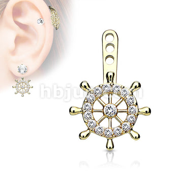 Ship Wheel Pave CZ Helm Earring Jacket / Cartilage Stud Add on Dangle - Image 2