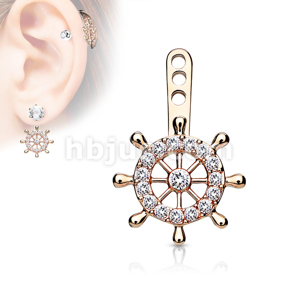 Ship Wheel Pave CZ Helm Earring Jacket / Cartilage Stud Add on Dangle - Image 3