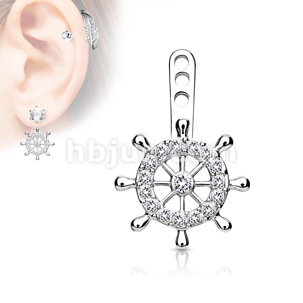 Ship Wheel Pave CZ Helm Earring Jacket / Cartilage Stud Add on Dangle - Image 4