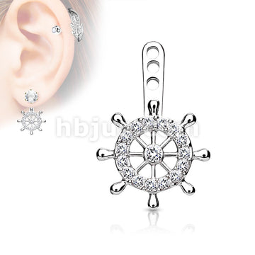 Ship Wheel Pave CZ Helm Earring Jacket / Cartilage Stud Add on Dangle - Image 4