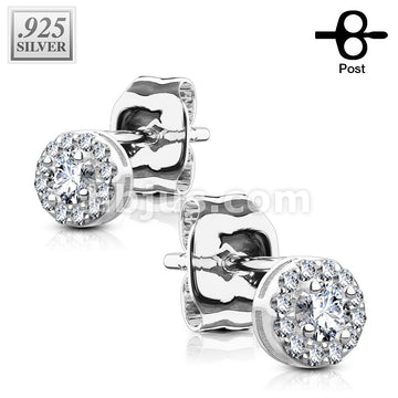 Pair of .925 Sterling Silver Stud Earrings/CZ Paved Round With CZ Center - Image 2
