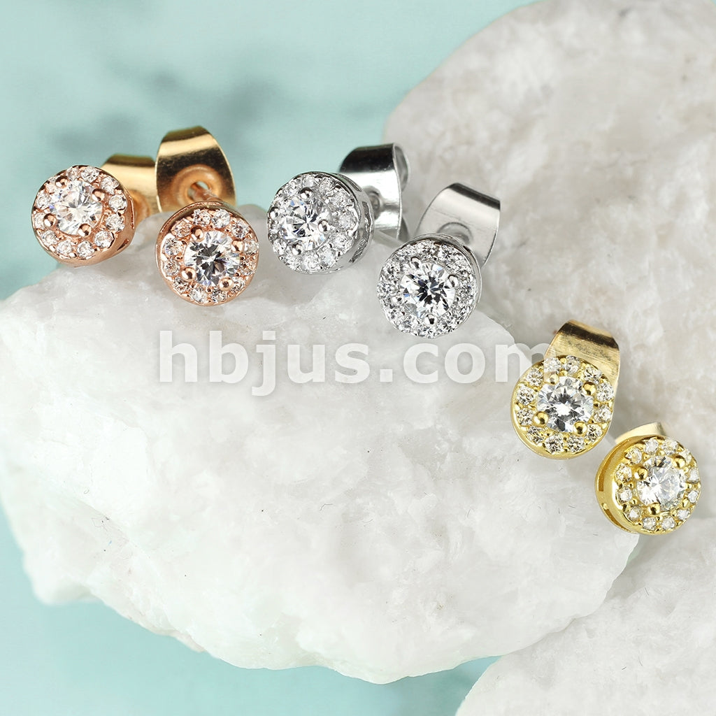 Pair of .925 Sterling Silver Stud Earrings/CZ Paved Round With CZ Center - Image 5
