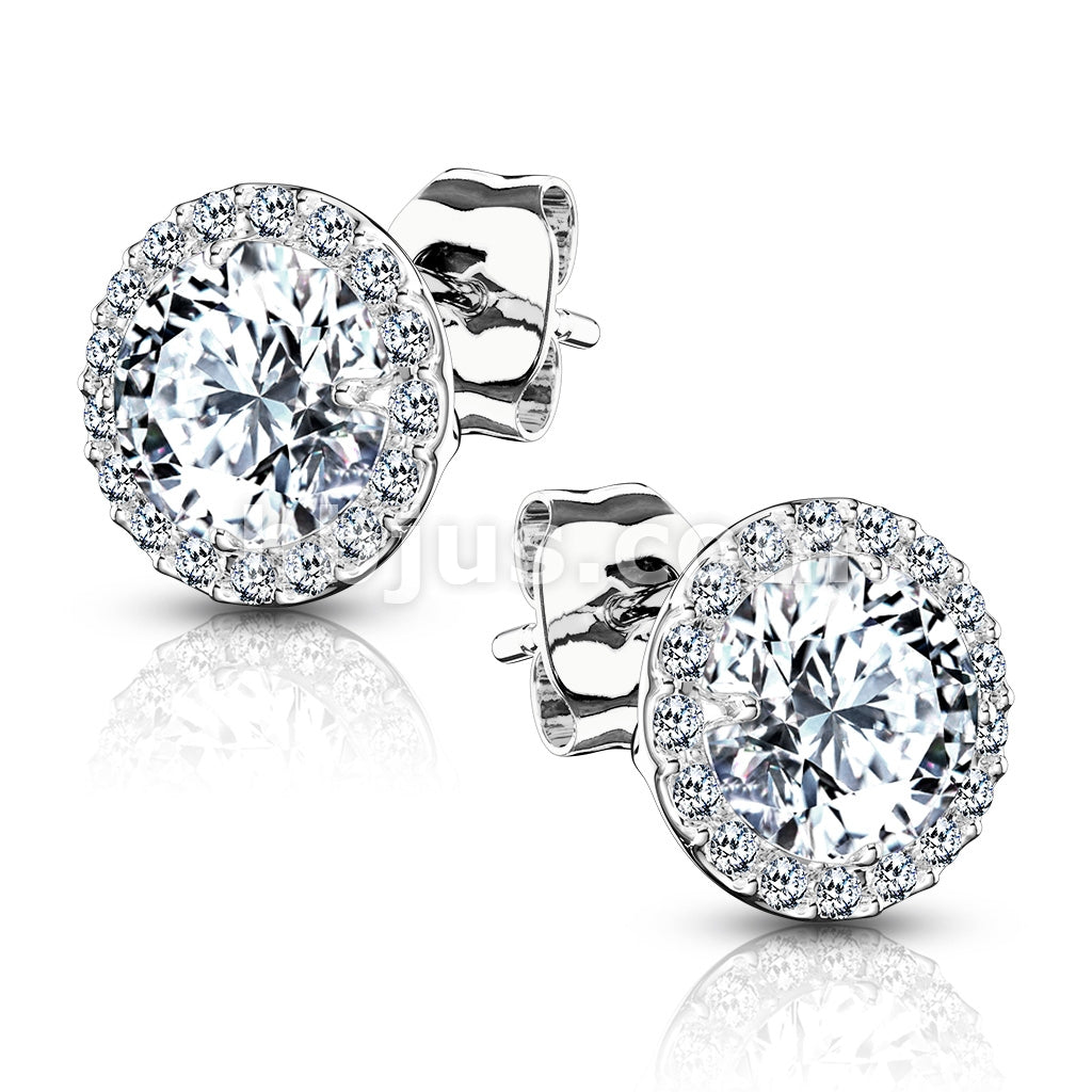 Pair of .925 Sterling Silver Stud Earrings/CZ Paved Round With 5mm CZ... - Image 2