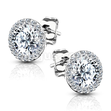 Pair of .925 Sterling Silver Stud Earrings/CZ Paved Round With 5mm CZ... - Image 2