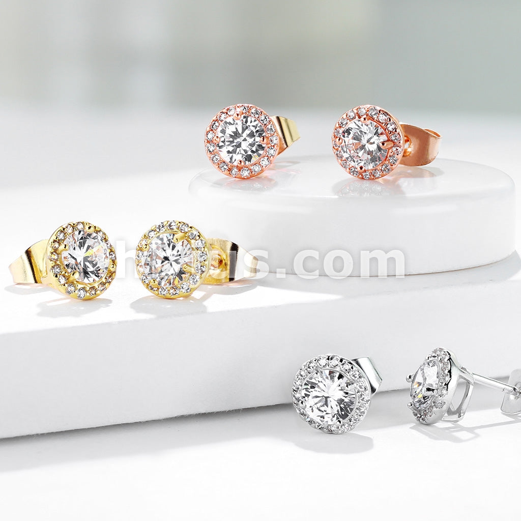 Pair of .925 Sterling Silver Stud Earrings/CZ Paved Round With 5mm CZ... - Image 8