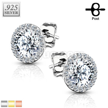 Pair of .925 Sterling Silver Stud Earrings/CZ Paved Round With 5mm CZ...