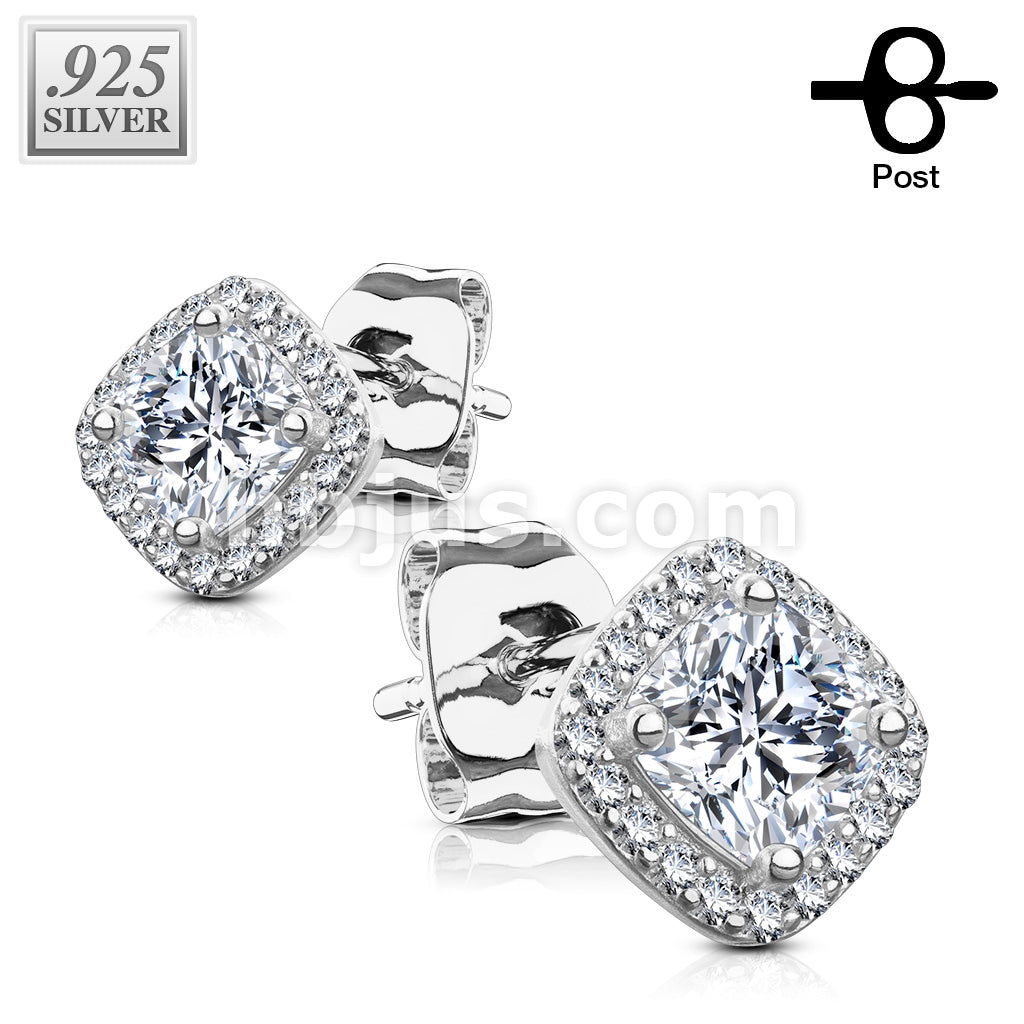 Pair of .925 Sterling Silver Stud Earrings/CZ Paved Square With Cushion... - Image 3
