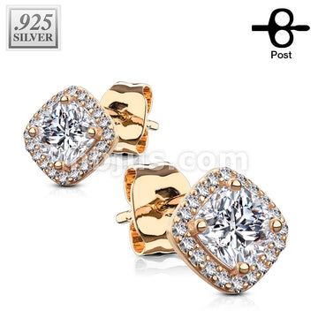 Pair of .925 Sterling Silver Stud Earrings/CZ Paved Square With Cushion... - Image 5