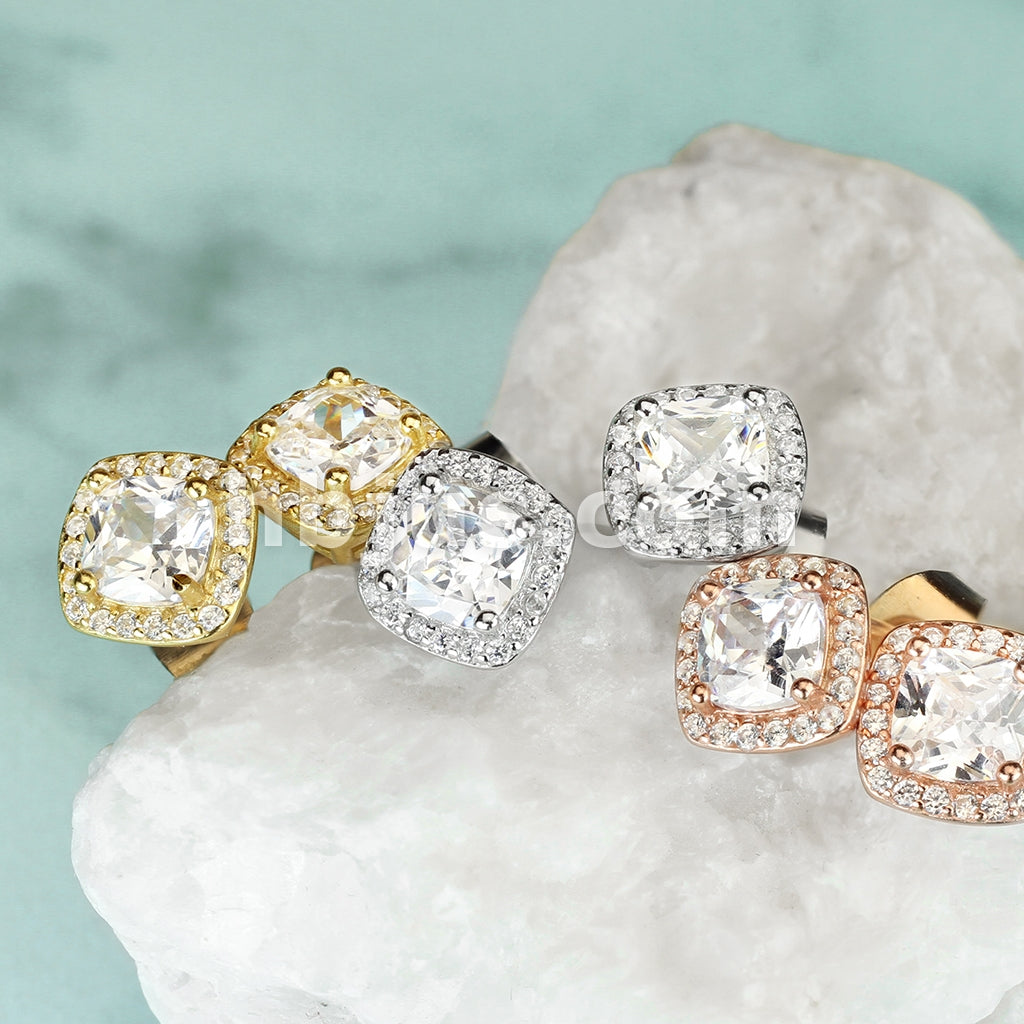 Pair of .925 Sterling Silver Stud Earrings/CZ Paved Square With Cushion... - Image 2