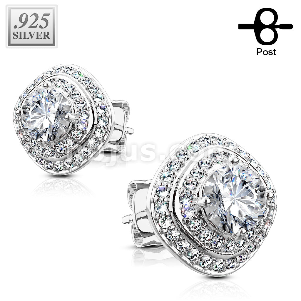 Pair of .925 Sterling Silver CZ Paved Triple Tier Square Stud Earrings - Image 2