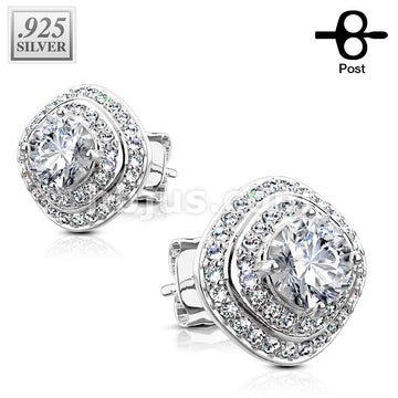 Pair of .925 Sterling Silver CZ Paved Triple Tier Square Stud Earrings - Image 2