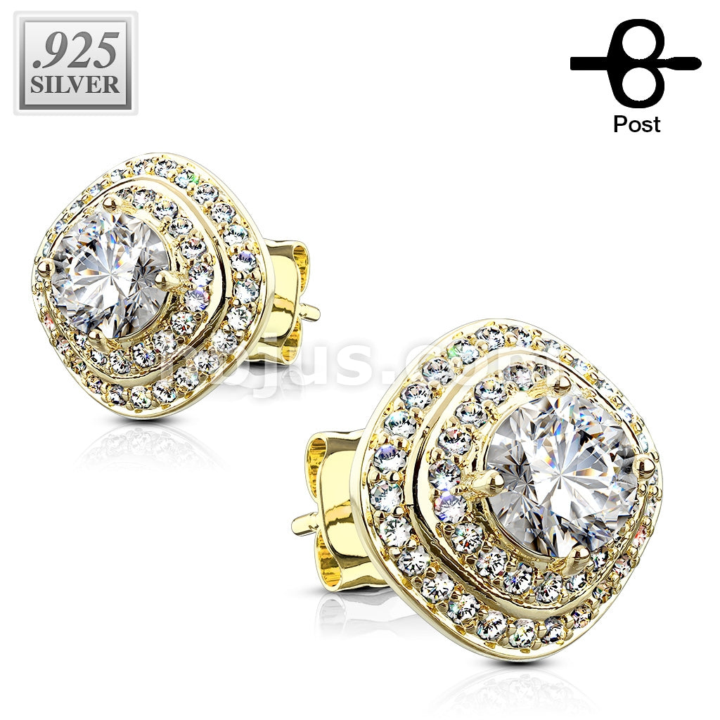 Pair of .925 Sterling Silver CZ Paved Triple Tier Square Stud Earrings - Image 3