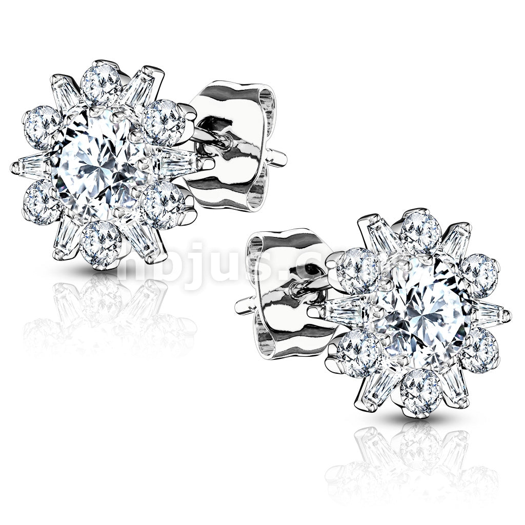 Pair of .925 Sterling Silver Stud Earrings/Double Tiered CZ Set Dahlia... - Image 2