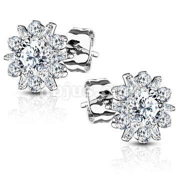Pair of .925 Sterling Silver Stud Earrings/Double Tiered CZ Set Dahlia... - Image 2