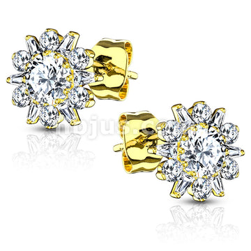 Pair of .925 Sterling Silver Stud Earrings/Double Tiered CZ Set Dahlia... - Image 3