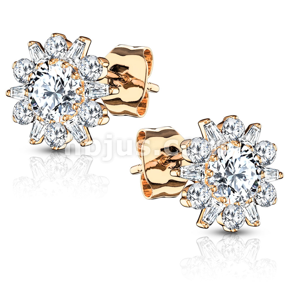 Pair of .925 Sterling Silver Stud Earrings/Double Tiered CZ Set Dahlia... - Image 4