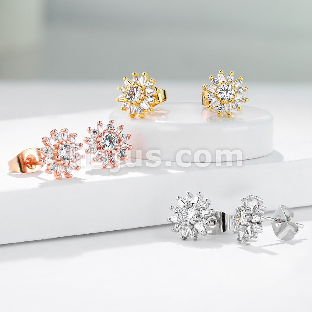 Pair of .925 Sterling Silver Stud Earrings/Double Tiered CZ Set Dahlia... - Image 8