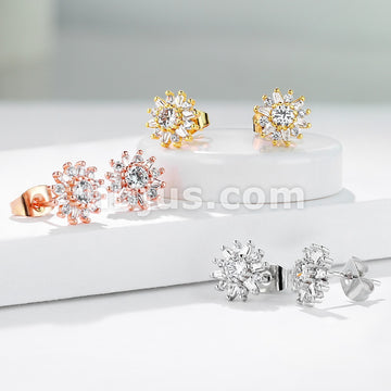 Pair of .925 Sterling Silver Stud Earrings/Double Tiered CZ Set Dahlia... - Image 8
