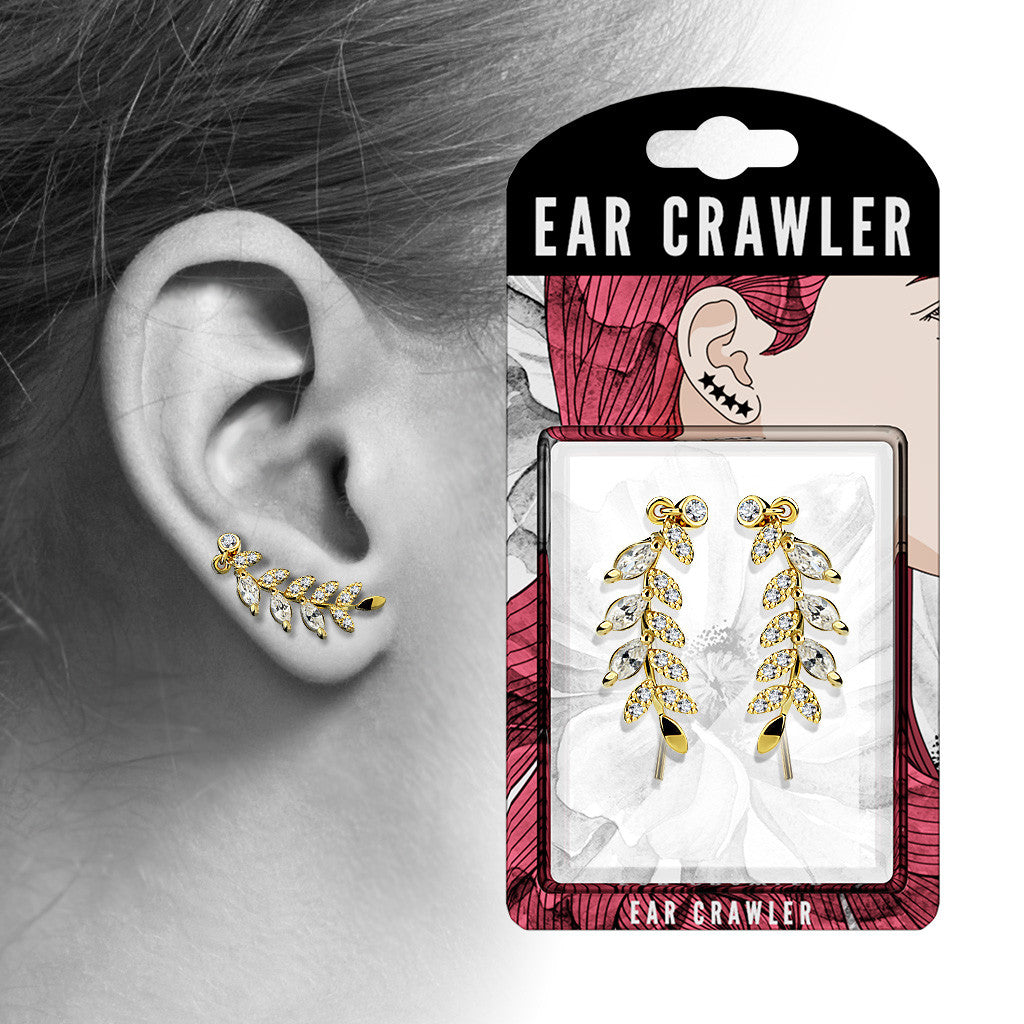 Brass Pair of Marquise Cut CZs and CZ Paved Leaf Prepacked Ear...