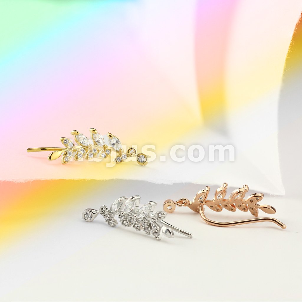 Brass Pair of Marquise Cut CZs and CZ Paved Leaf Prepacked Ear... - Image 8