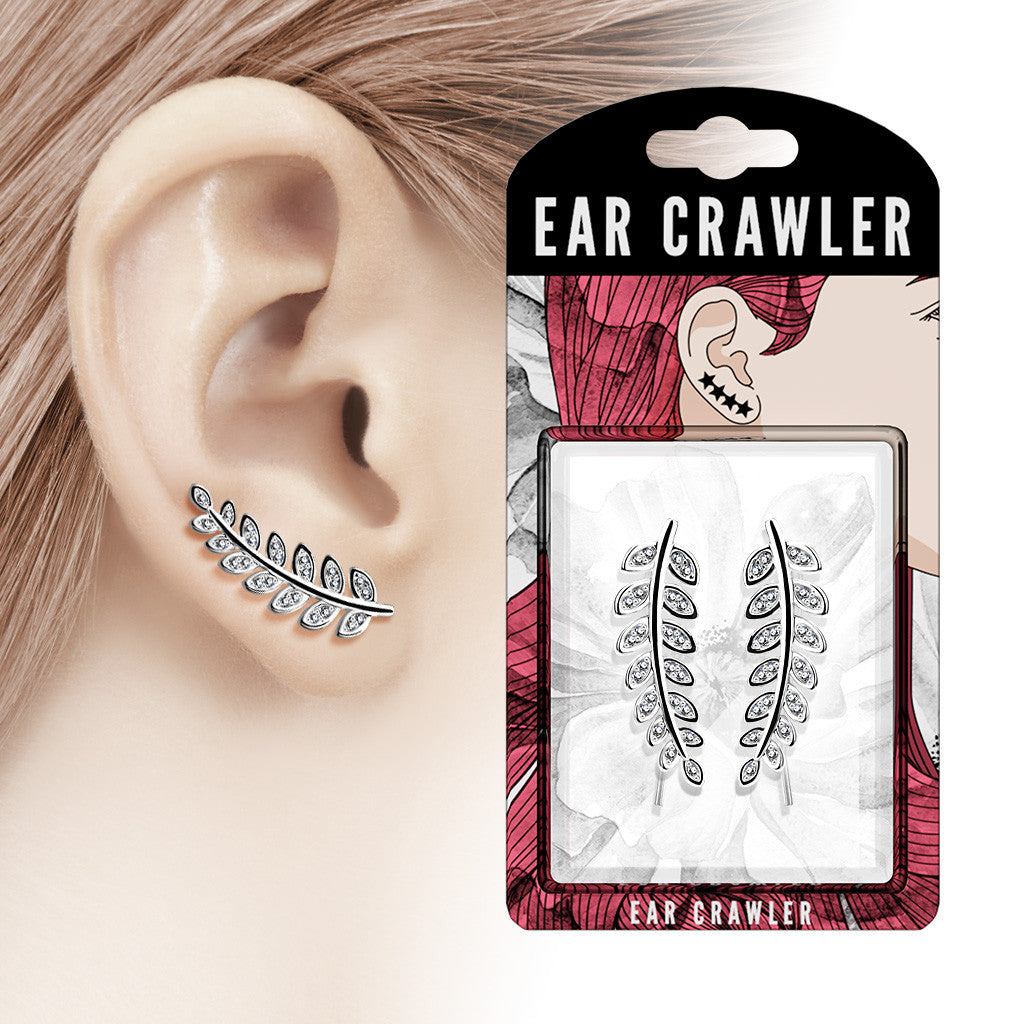 Brass Pair of CZ Paved Olive Leaf Prepacked Ear Crawler/Ear Climber