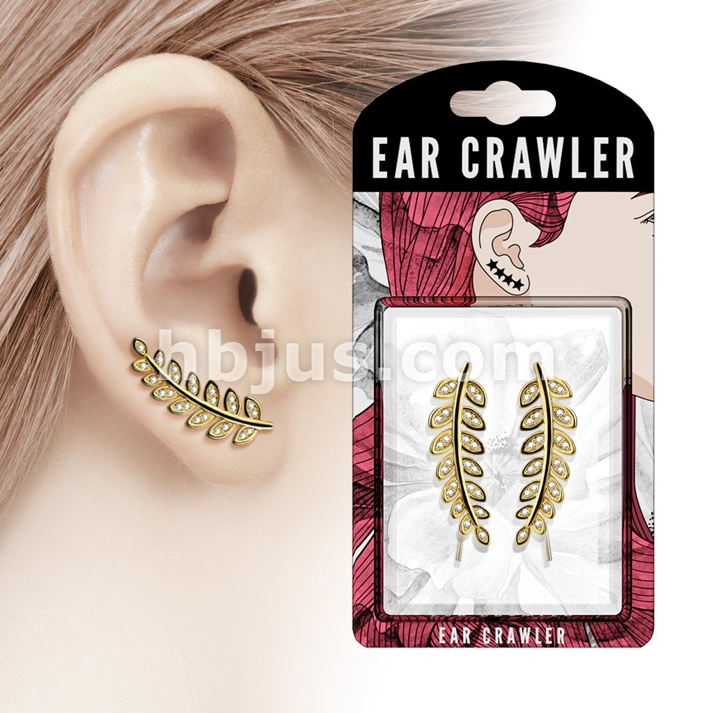 Brass Pair of CZ Paved Olive Leaf Prepacked Ear Crawler/Ear Climber - Image 4