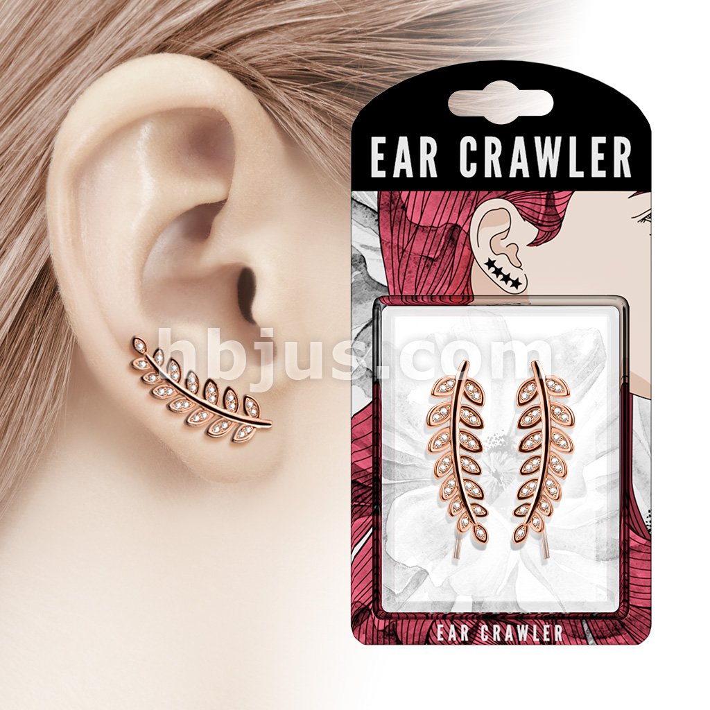 Brass Pair of CZ Paved Olive Leaf Prepacked Ear Crawler/Ear Climber - Image 6